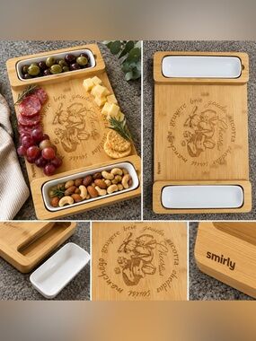 Smirly Small Bamboo Cheese Charcuterie Board with White Ceramic Dishes